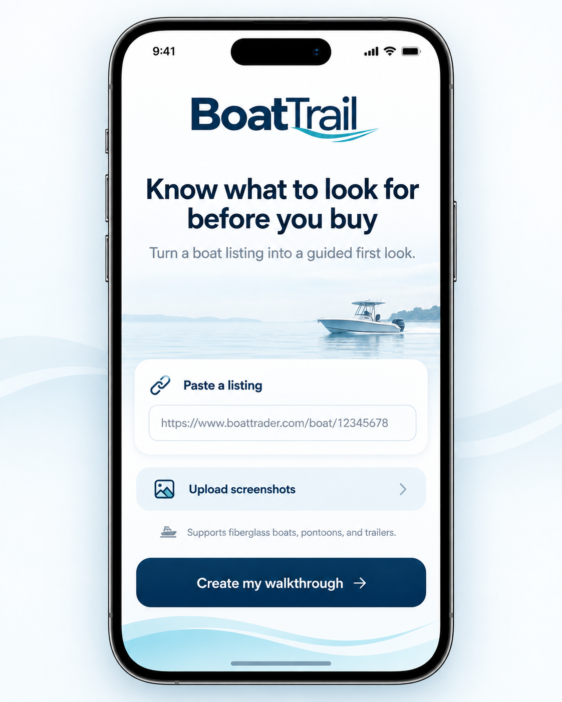 BoatTrail screen for pasting a listing or uploading screenshots