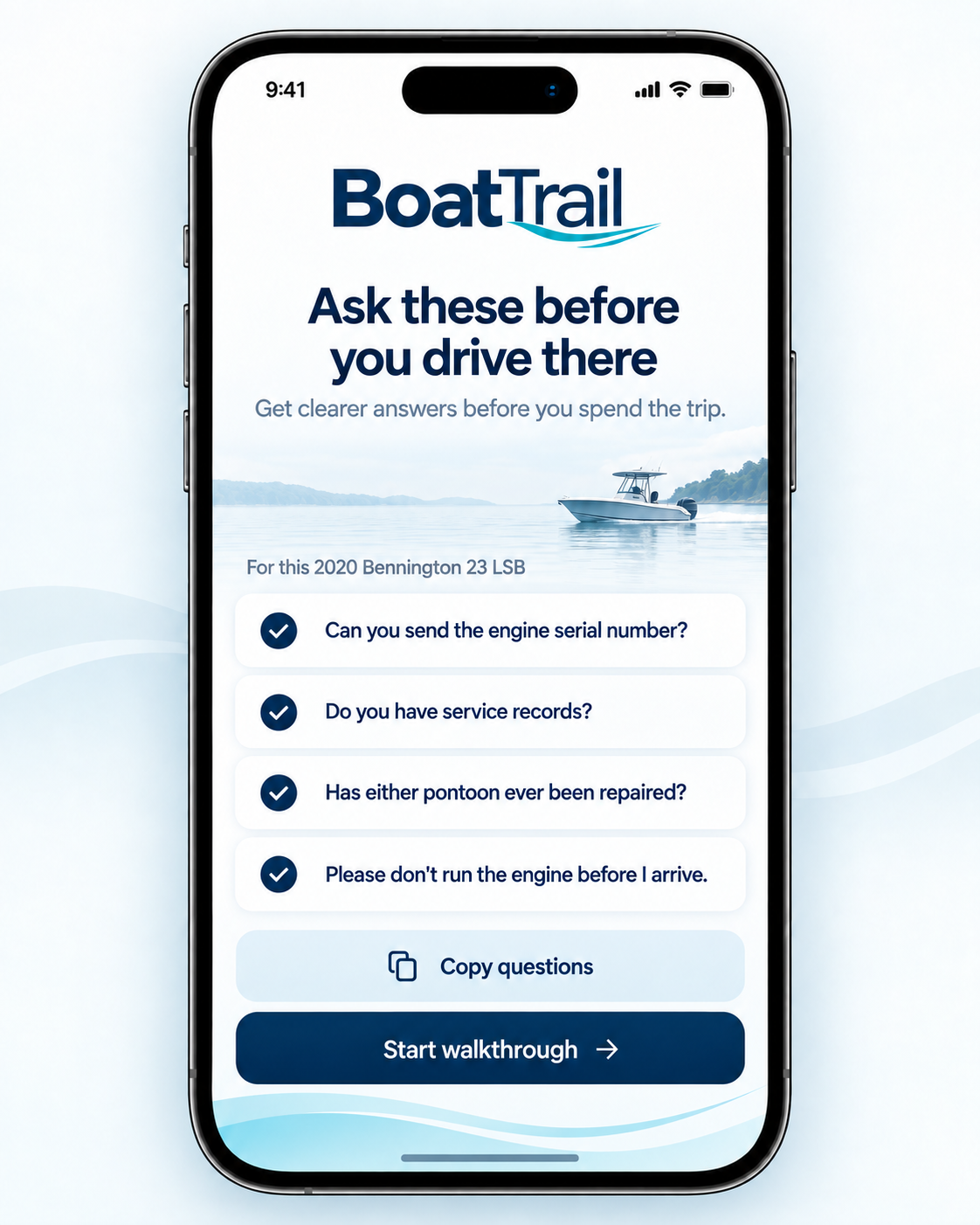 BoatTrail screen with seller questions to ask before a visit